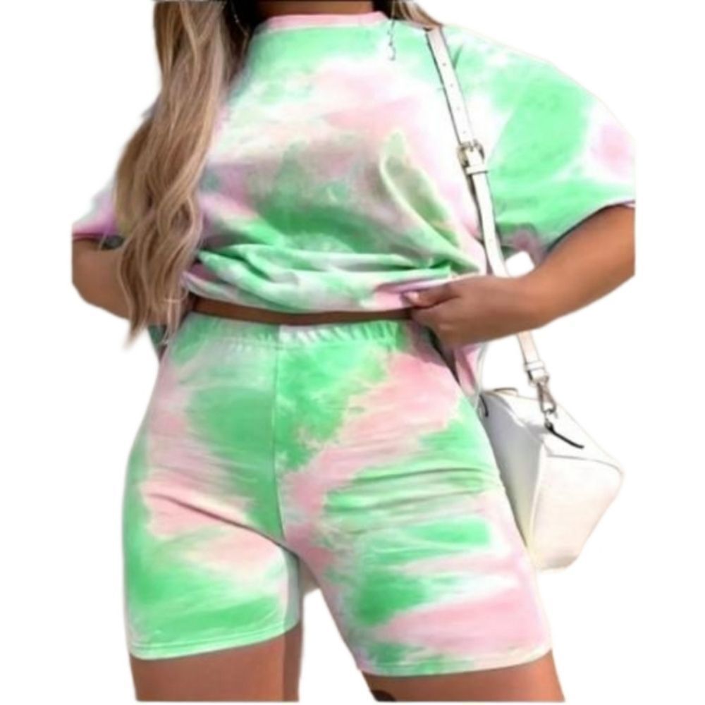 Plus Size Tie Dye Short Sleeve Top & Biker Short Sz 1X